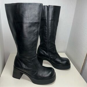 American Eagle Gibson Vintage Y2K Black Leather Tall Platform Chunky Heel Boot